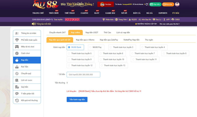 Hướng dẫn cách nạp tiền Mu88